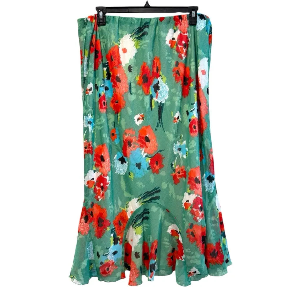 Cato Green Pull-on Maxi Skirt with Red Floral Poppys Ruffles Feminine Size 22/24 - Image 3