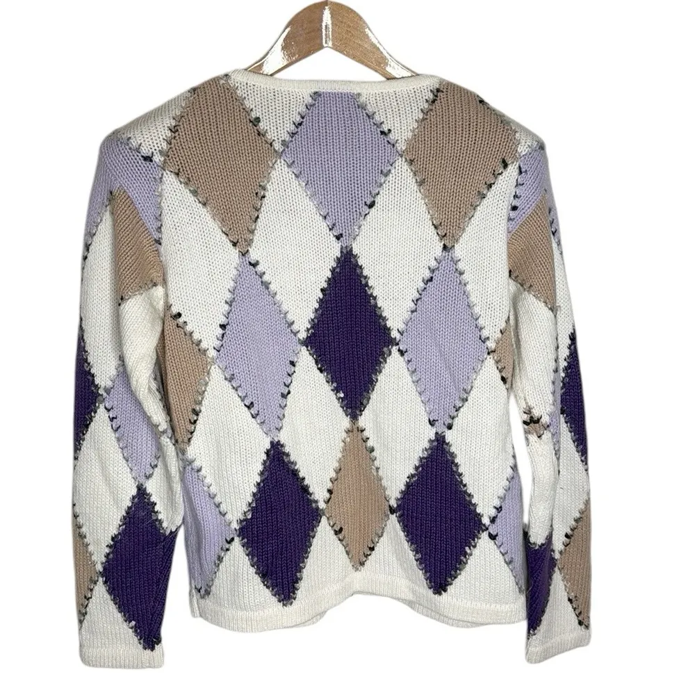 Vintage Dressbarn 90s Zip up Argyle White Tan Purple Chunky Knit Sweater size L - Image 2