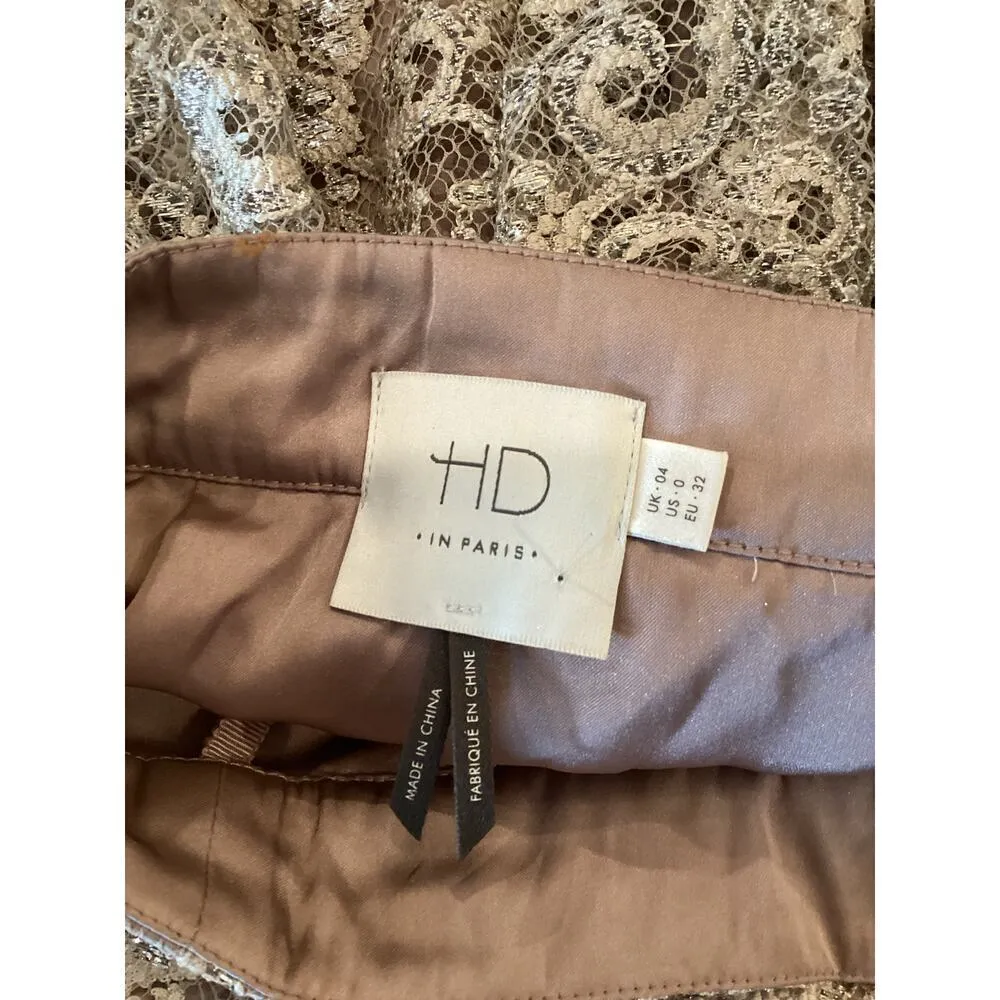 Anthropologie HD in PARIS Champagne Silver Metallic Lace Eyelash Hem Skirt Sz 0 - Image 5