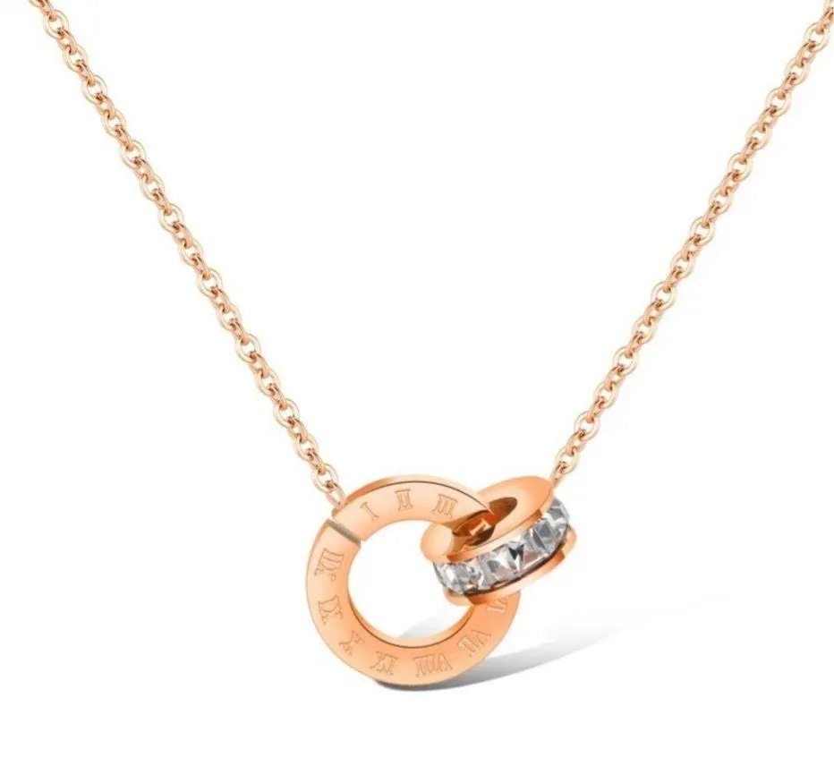 Stainless Steel CZ Double Rings Women's Necklace Rose Gold - Image 4
