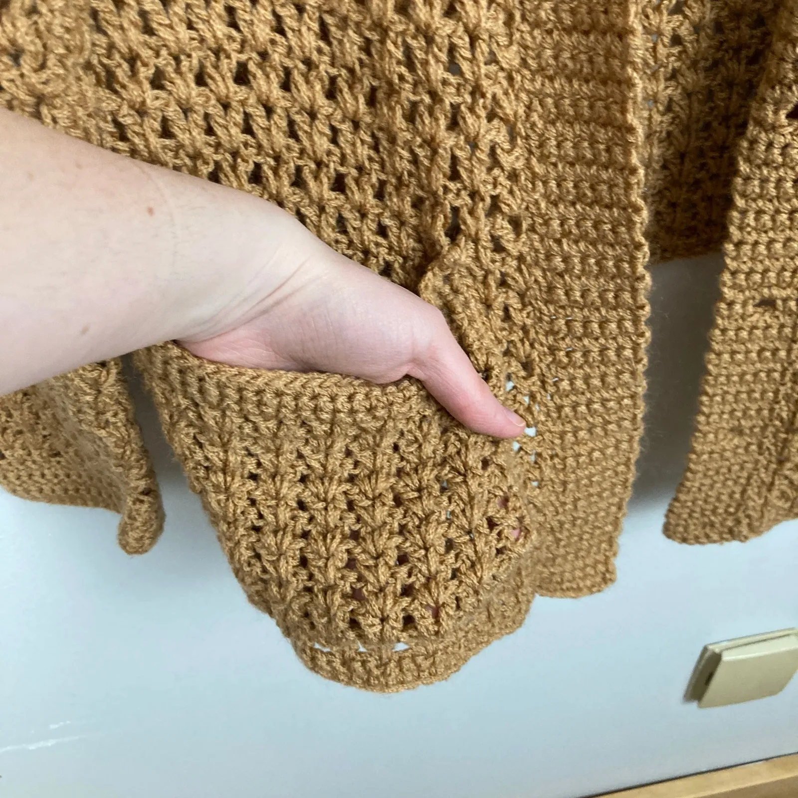 Handmade Womens L Long Brown Crochet Open Knit Oversized Cardigan Boho Granola - Image 5