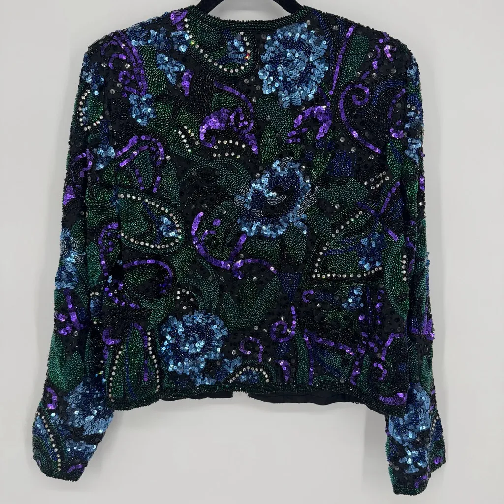 Vintage Oleg Cassini Black Tie Sequin Beaded Silk Blazer Dinner Jacket M - Image 2