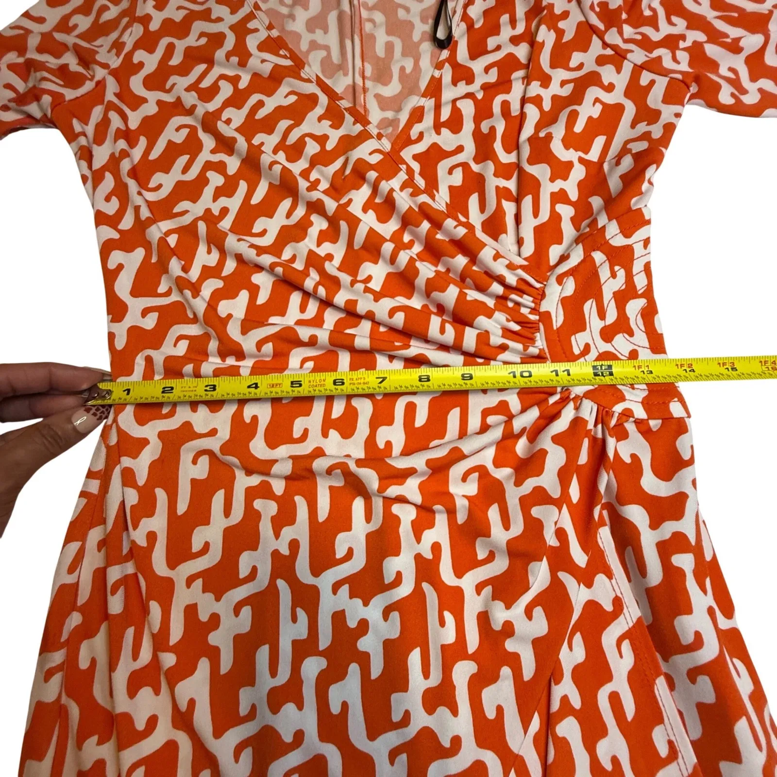 Laundry by Design Dress Orange White Geometric Ruched 3/4 Sleeve Faux Wrap Sz 8 - Image 7
