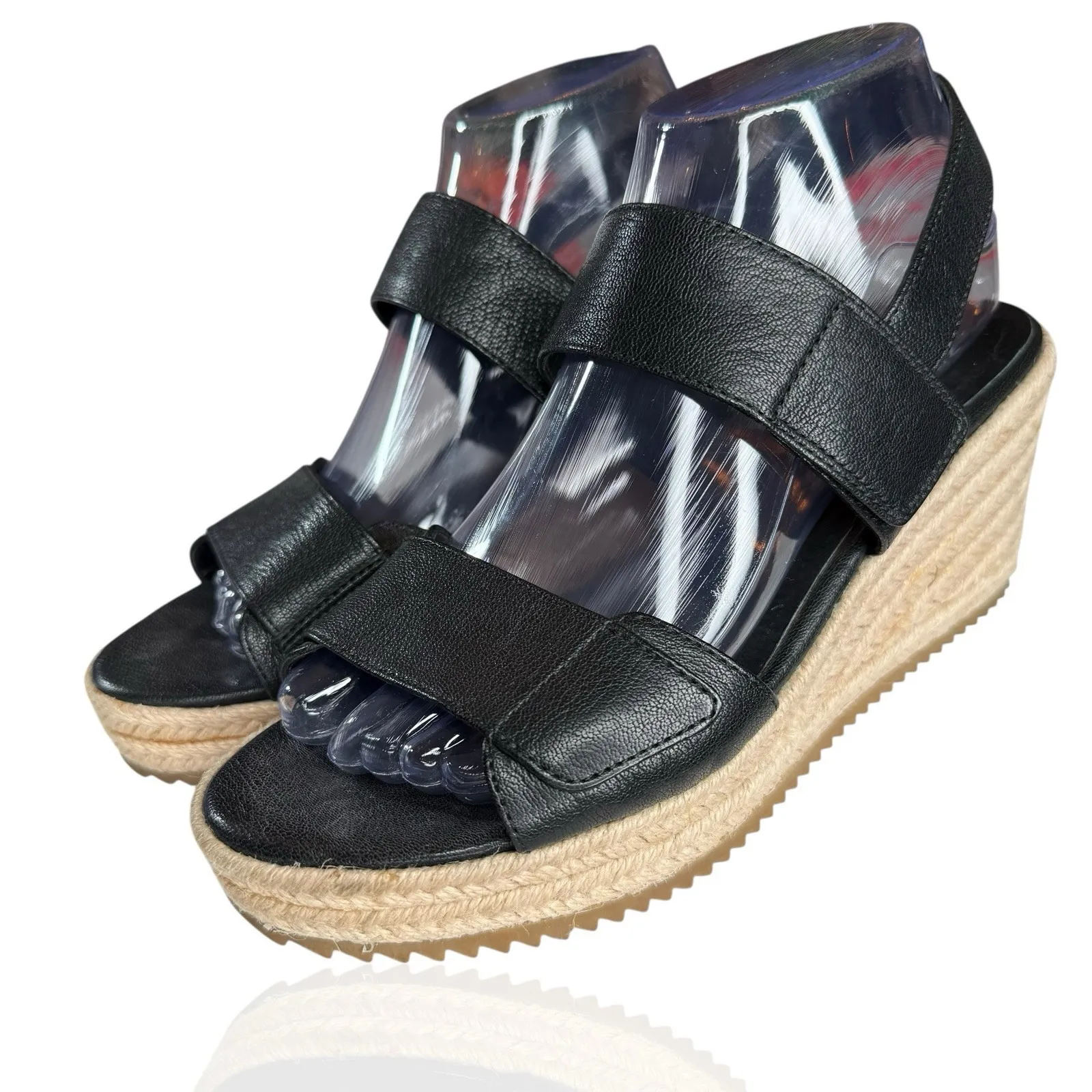NEW Eileen‎ Fisher 8.5 Winnie Tumbled Black Leather Espadrille Wedge Sandals - Image 2