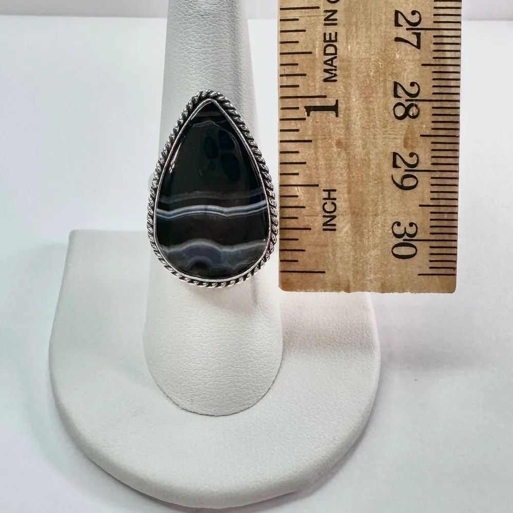BANDED Black Onyx Genuine Stone 925 Sterling Silver Ring Size 8 - Image 6