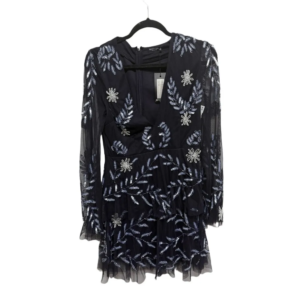 Nasty Gal Fiona Dark Blue Embellished Mini Dress Size 8 NWT Beaded Sequin - Image 2