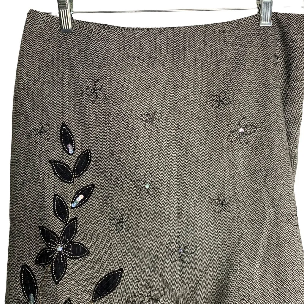 Vintage Jones New York Wool Blend Skirt 12P Black Herringbone Embroidered Lined - Image 2