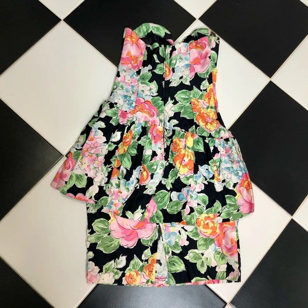 Vintage 80s 90s Niki Strapless Tube Dress Ruffles Colorful Floral Dopamine sz S Multiple - Image 9