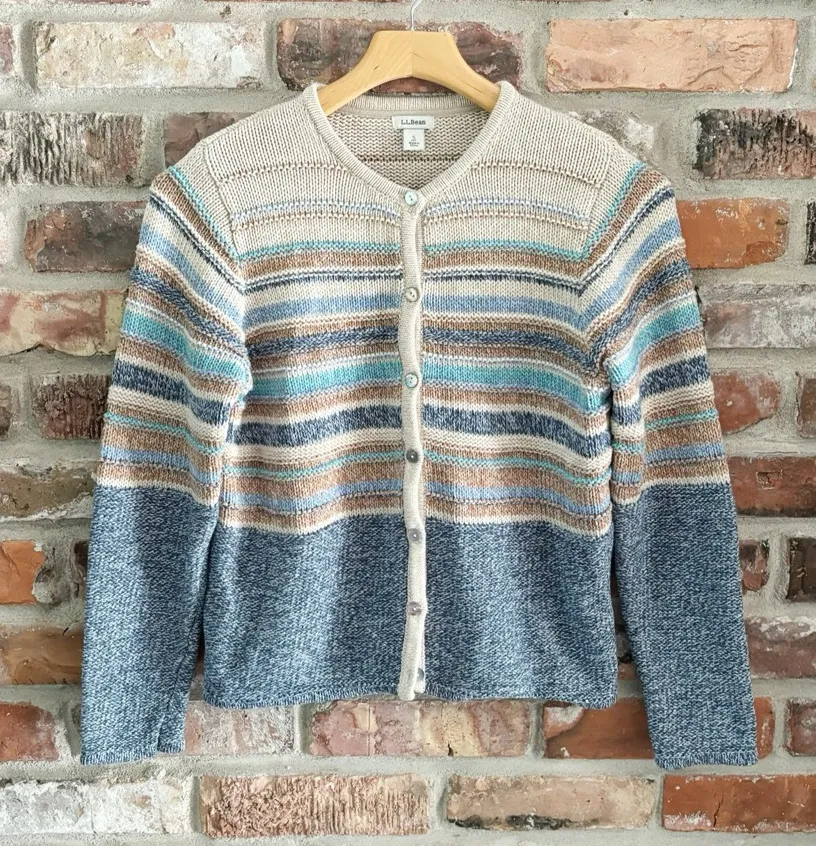 LL Bean Cotton Stripe Button Front Sweater Cardigan, S Petite Blue Size undefined - Image 1
