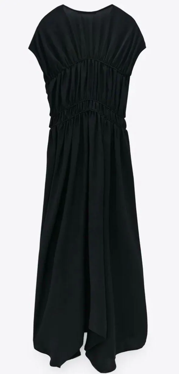 NWT  Black Long Dress W Front Ties & Ruching - Image 4