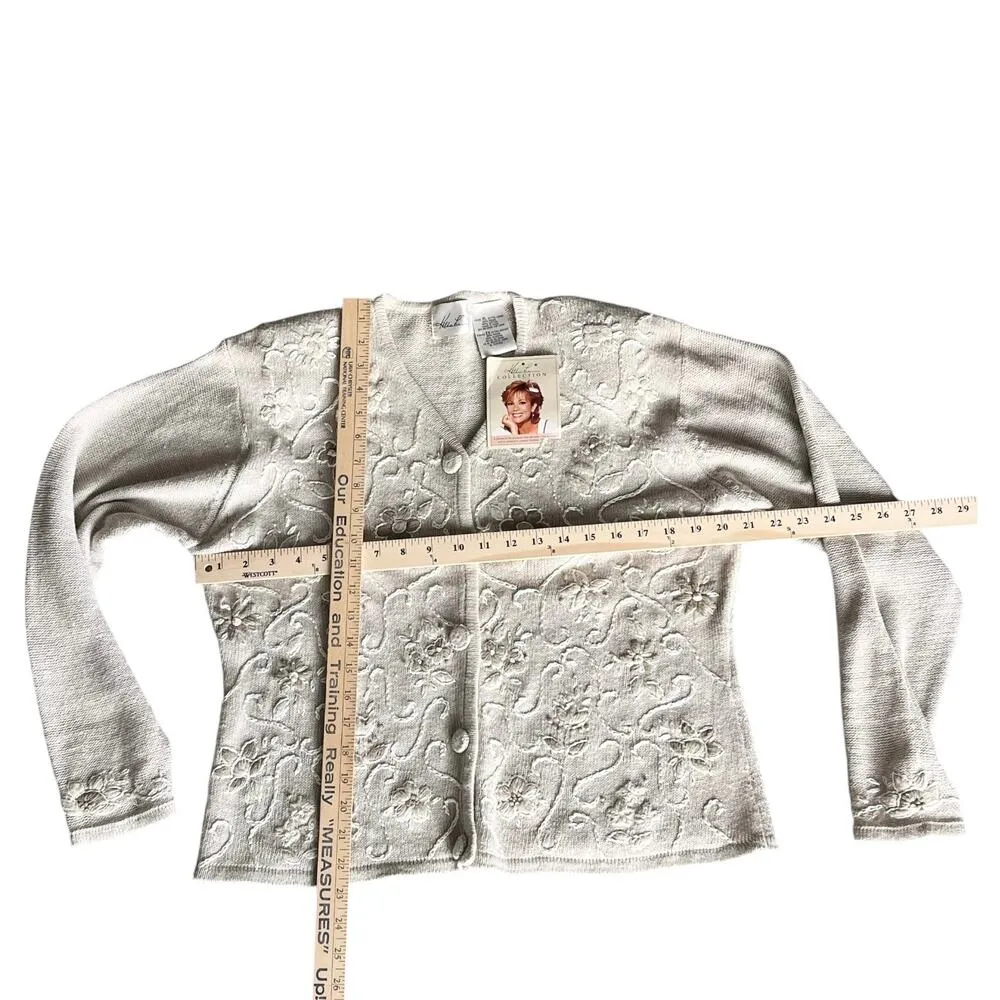 NEW Kathie Lee Floral Embroidered SWEATER Button Up Cardigan Taupe Tan Women XL - Image 6