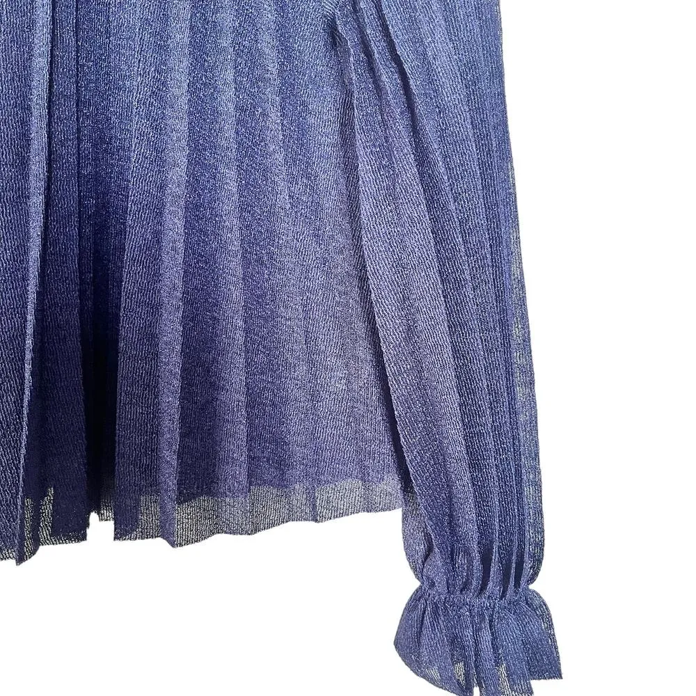 Zara Knit Blue Pleated Bell Sleeve Ruffle High Neck Semi Sheer Blouse Size M - Image 9