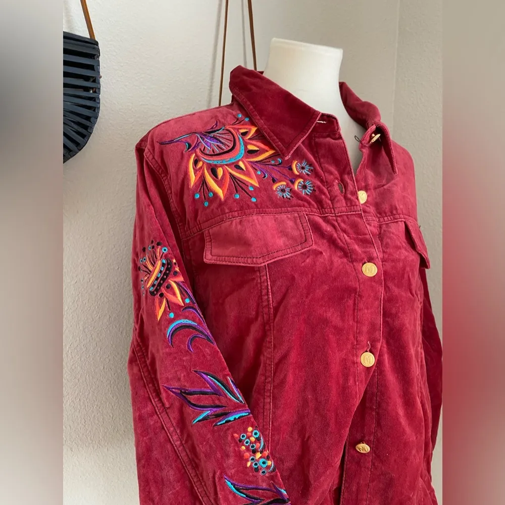 Vintage Bob Mackie Wearable Art Red Floral Fleece Jacket Coat - Image 3