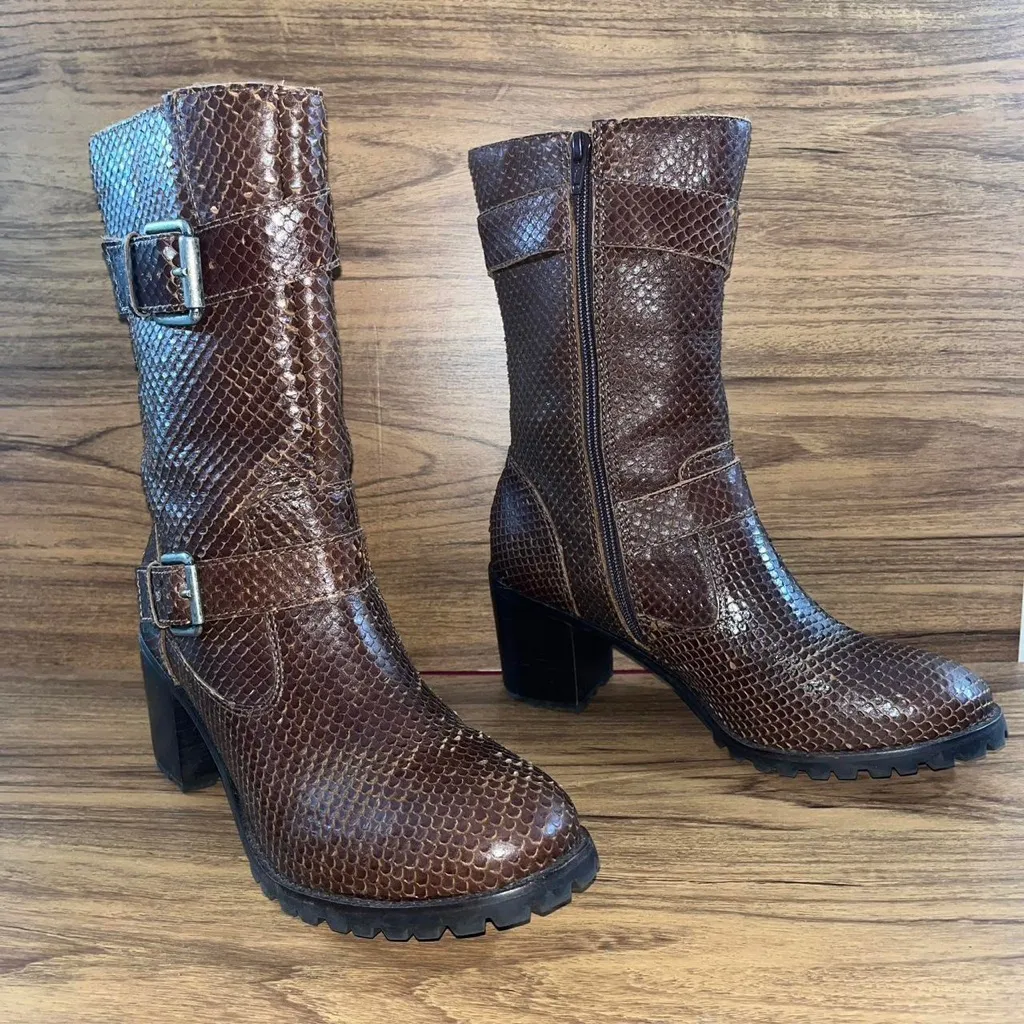 Matisse Lone brown snakeskin embossed leather buckle full zip up boots heeled Size 9 - Image 3