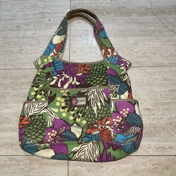 FOSSIL Women's Floral Leather &‎ Canvas Hobo Shoulder Bag/Tote Handbag - Image 2