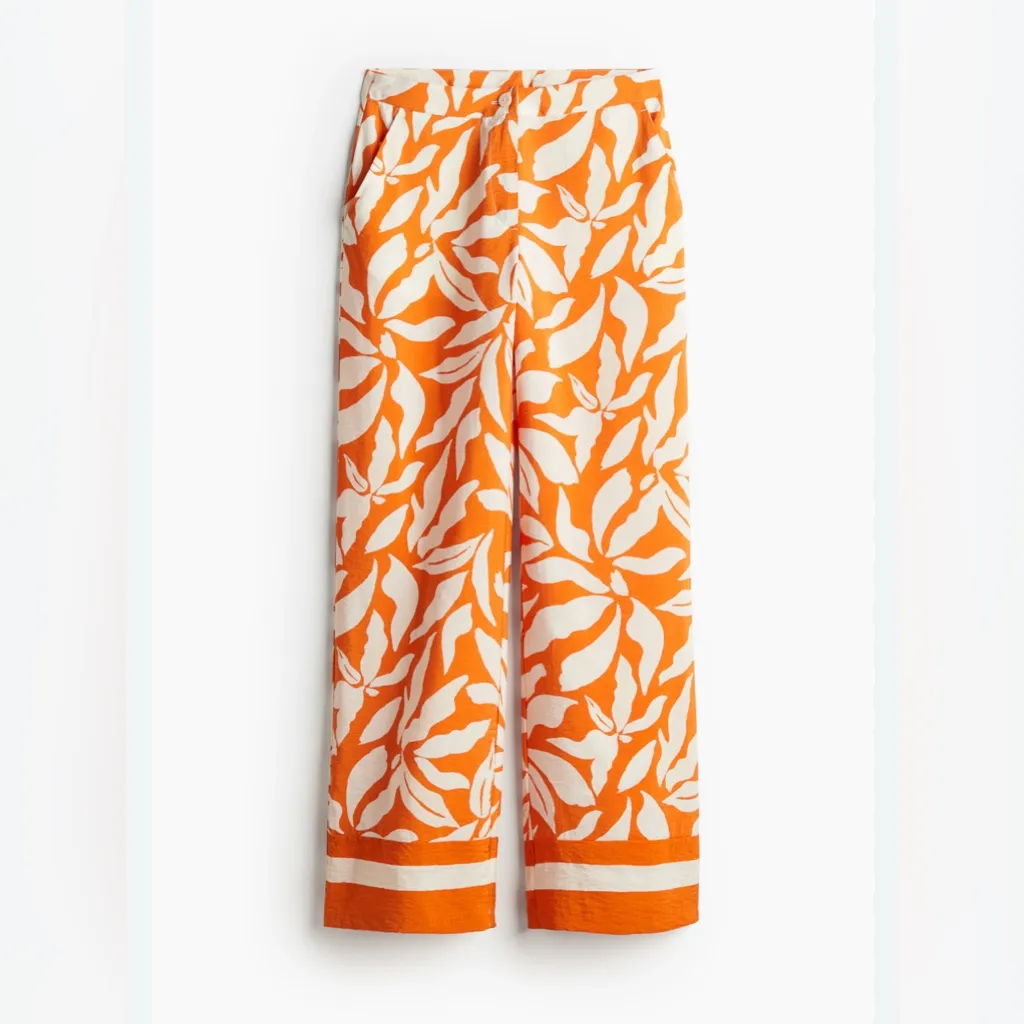 H&M Wide Leg Trouser Pant Orange White Leaf Beach Vacation Swim Pocket 4/28” - Image 3