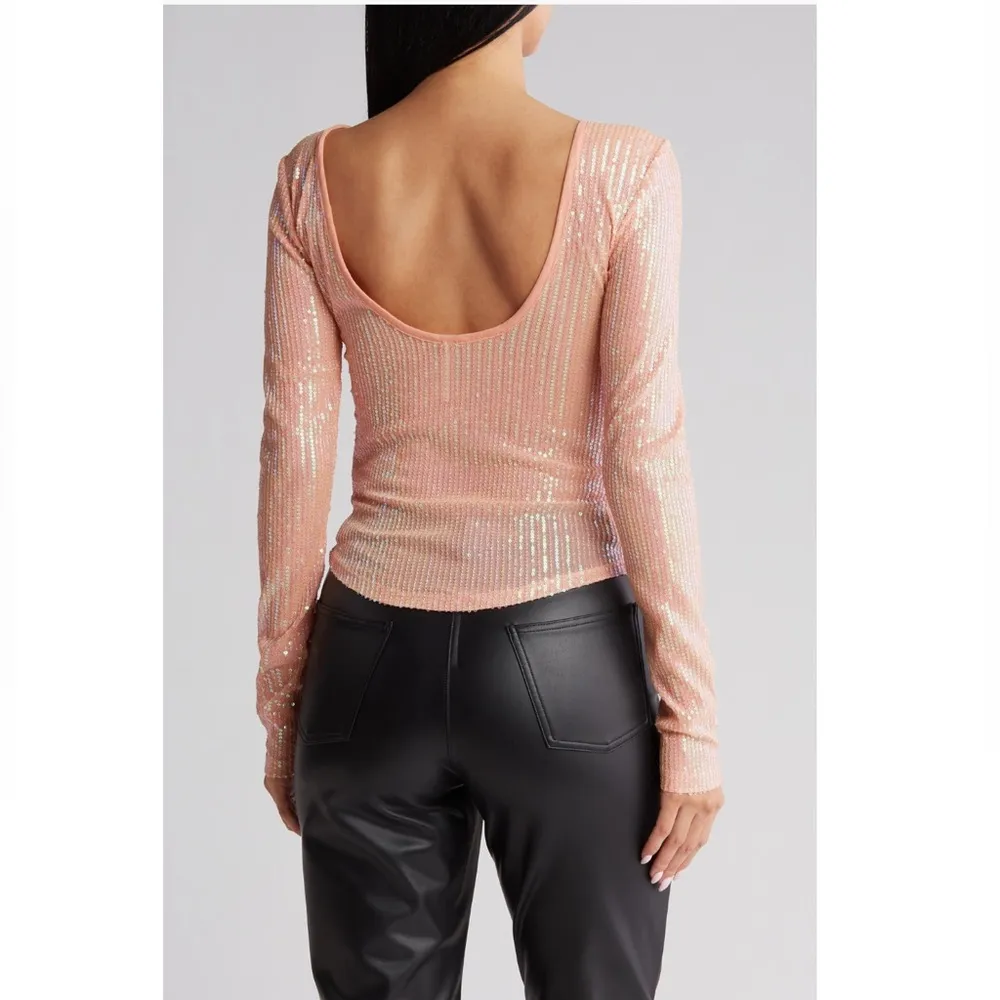 Free People Womens S Unapologetic Sequin Long Sleeve Top in Peach NEW - Image 2