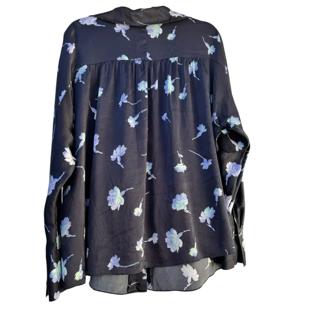 Vince 100% Silk Sea Carnation Floral Blouse 1X XL Navy Blue Floral Designer Top - Image 5