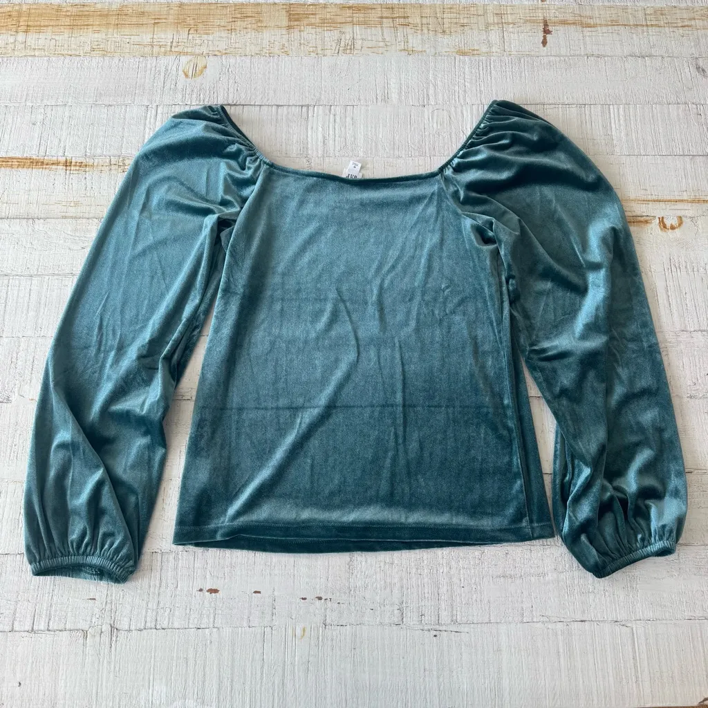 Gap Velvet Puff Sleeve Top NWT size Medium Tropic Green Long Sleeve Square Neck‎ - Image 9