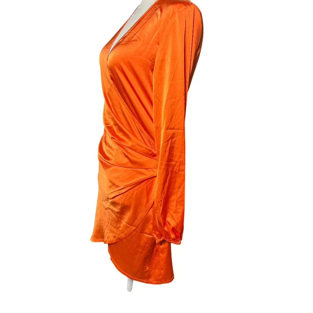 NEW PUBLIC DESIRE Vibrant Orange Satin Wrap Party Chic Dress Ruched Long Sleeves Size 4 - Image 5
