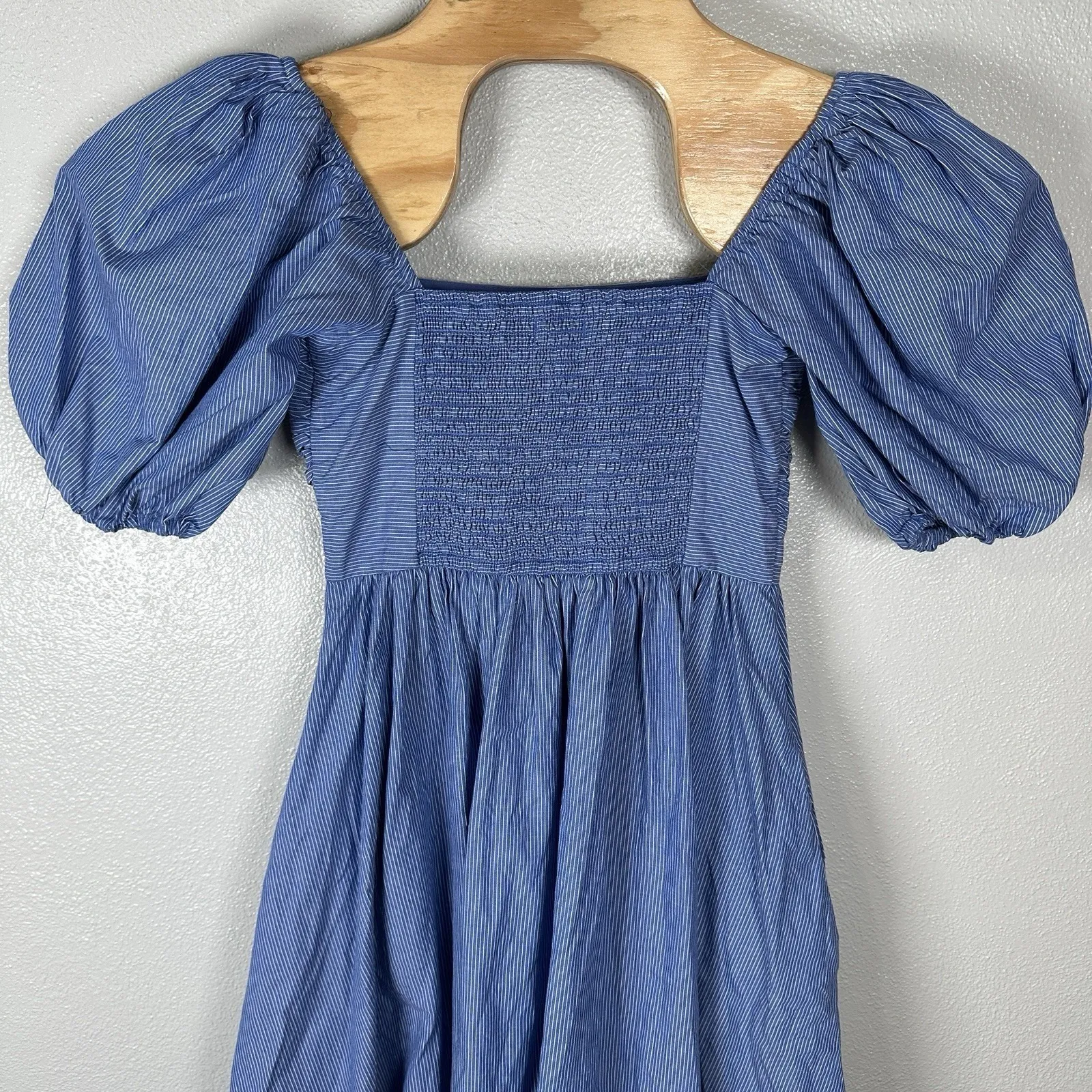 Abercrombie & Fitch Emerson Midi Dress Size XSPetite Blue Striped Puff Sleeve - Image 5