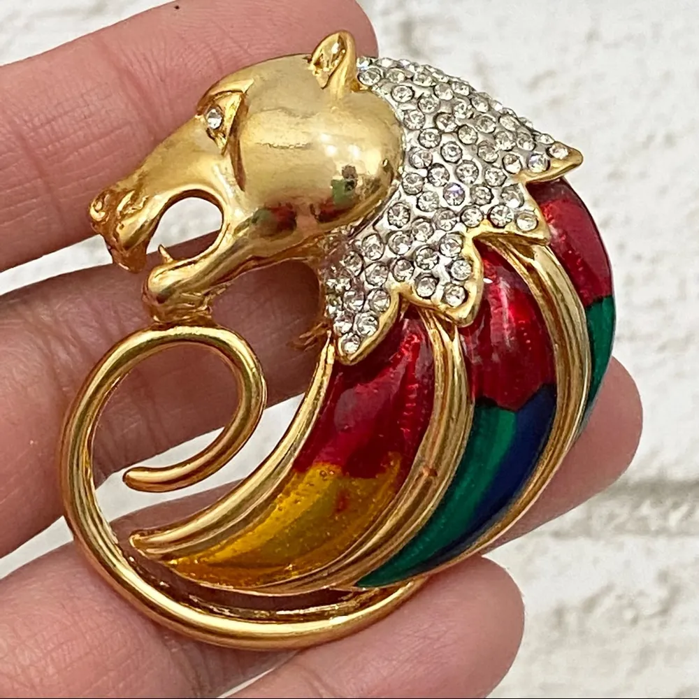 Vintage Enameled Colorful Lion Head Brooch New (Old Stock) Gold - Image 3