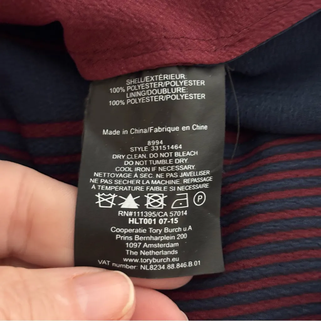 Tory Burch Lyon Navy/Burgundy Stripe Runway Long Sleeve Faux Wrap Dress Sz. 0 - Image 12