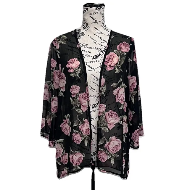 Lovely Day Floral Sheer Kimono Cardigan Blouse S Romantic Grunge Fairy Coquette Black - Image 2