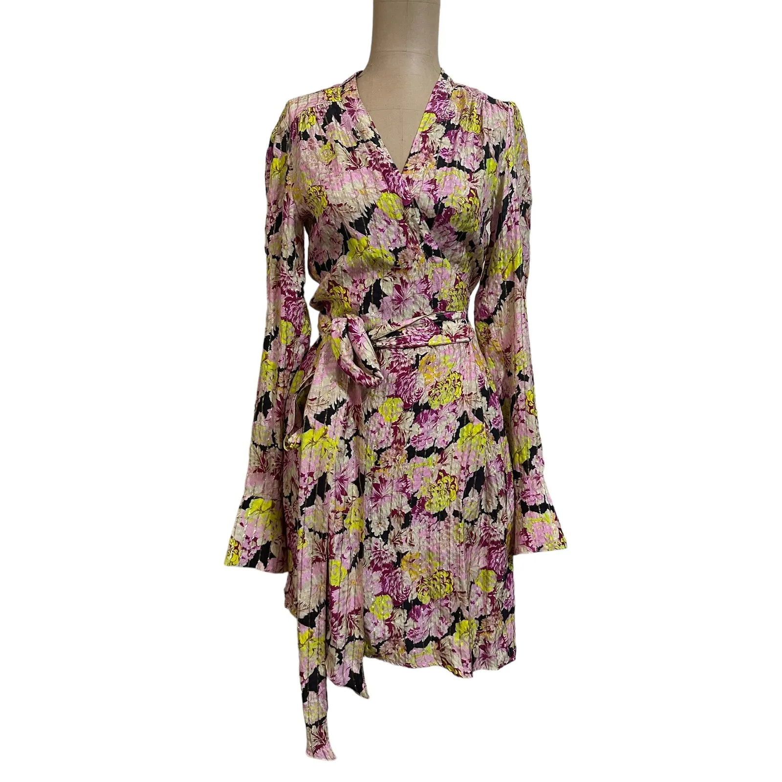 Birgitte Herskind Mini Dress Pink Metallic Gold Floral Long Sleeve Wrap Silk Size 4 - Image 4