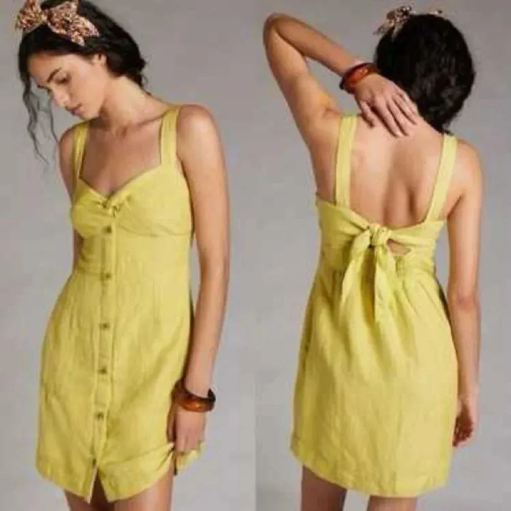 Anthropologie Maeve Yellow Linen Blend Twist Front Dress Size XL - Image 2