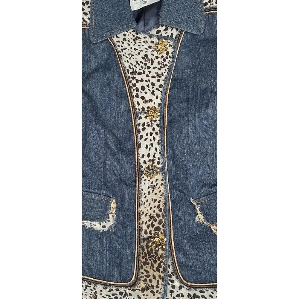 Pamela McCoy Animal Print Trim Embellished Bling Button Blue Denim Jean Jacket M Size M - Image 6