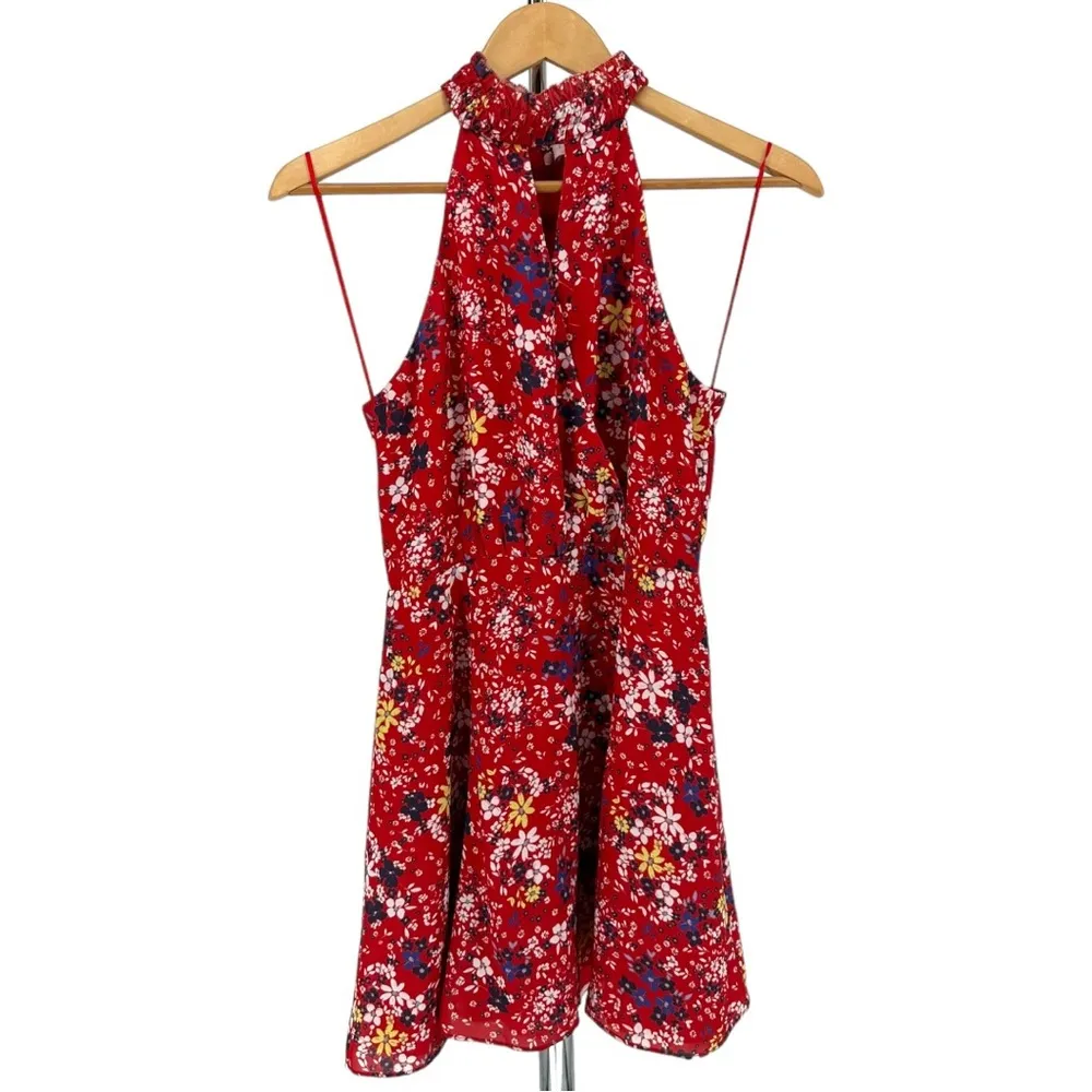 Parker Red Floral Halter High Neck Ruffle Trim Mini Dress size XS - Image 2