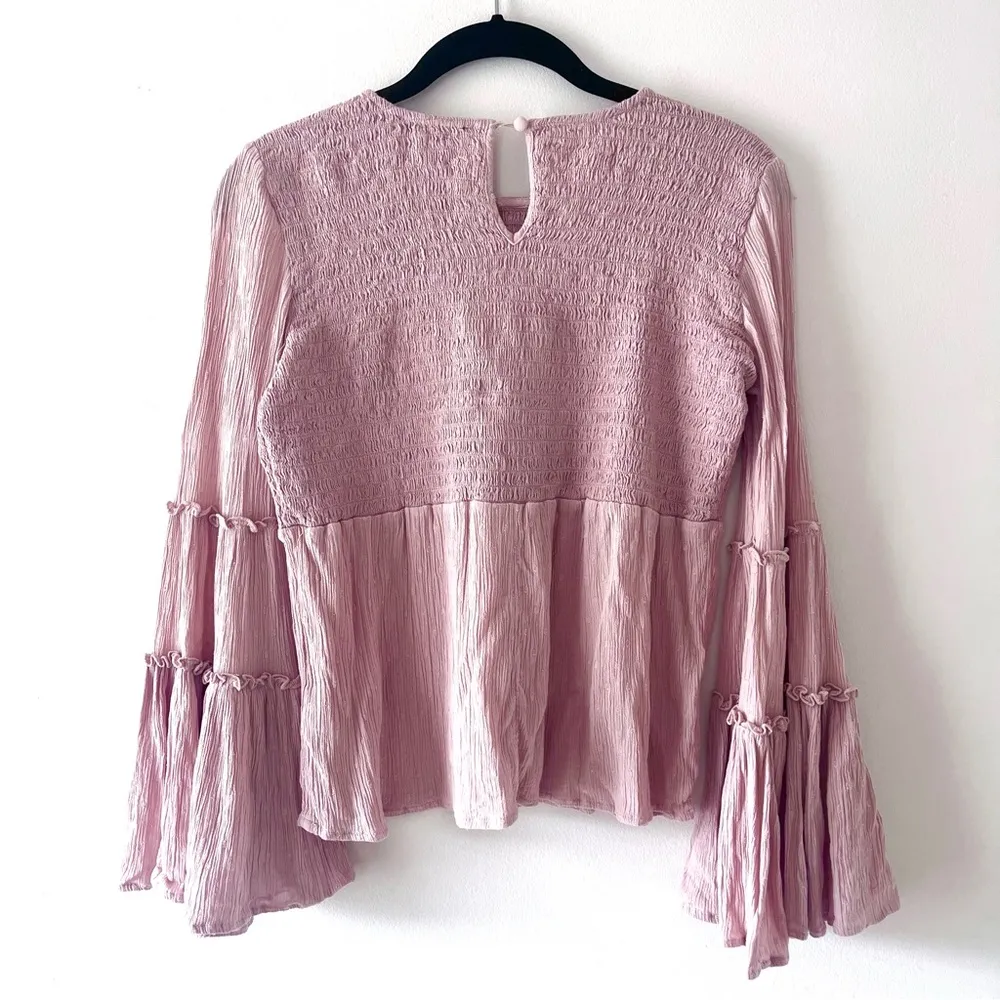 American Eagle Smocked Bell Sleeve Peplum Blouse Mauve Pink - Image 6