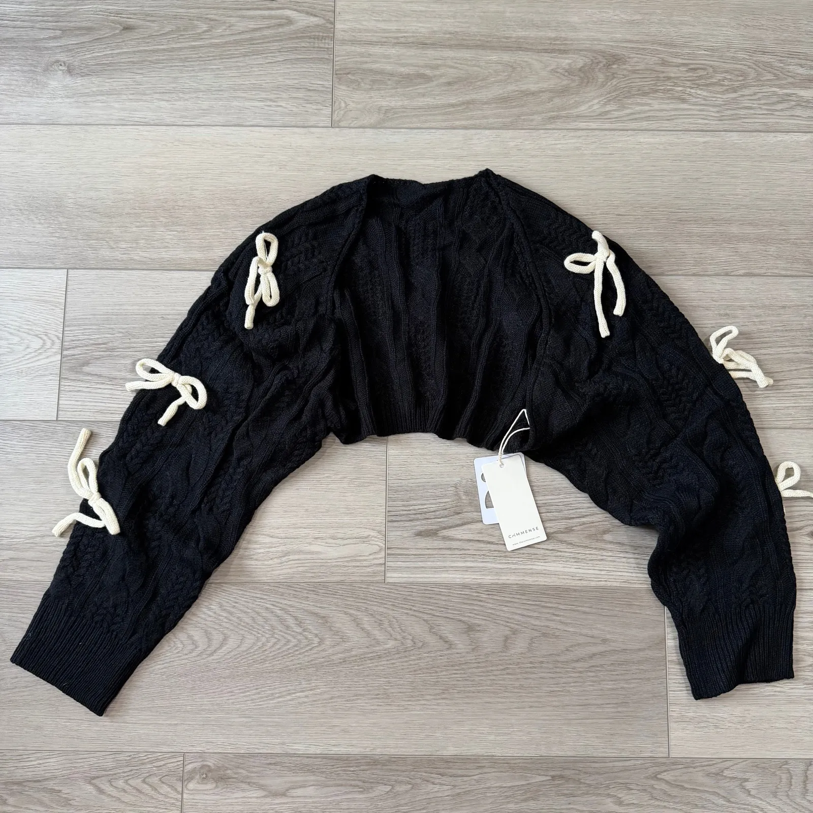 Commense Bow Knotted Cropped Cable Knit Cardigan Girly Cozy Black NWT XL - Image 2