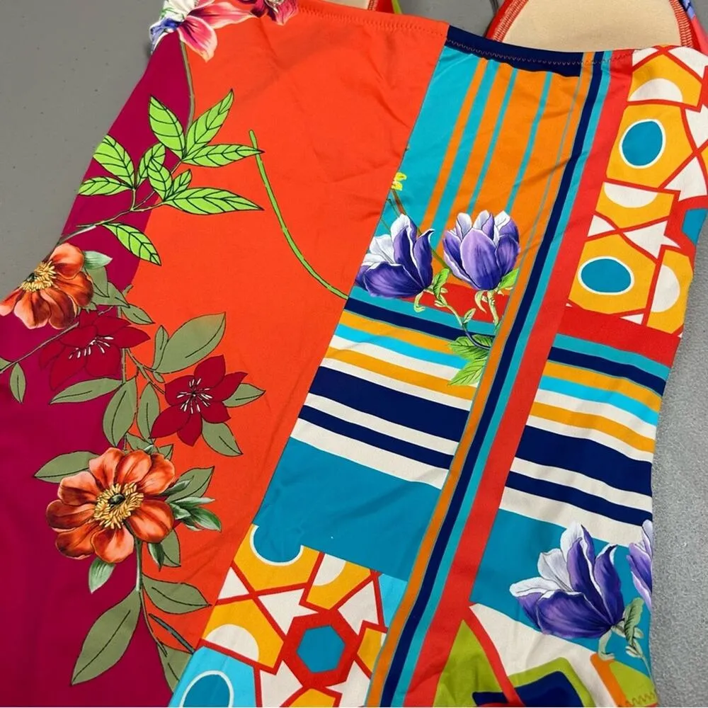 Johnny Was Color Twist One Piece Swimsuit Boho Chic Tie Neck Colorful XS NWT - Image 7