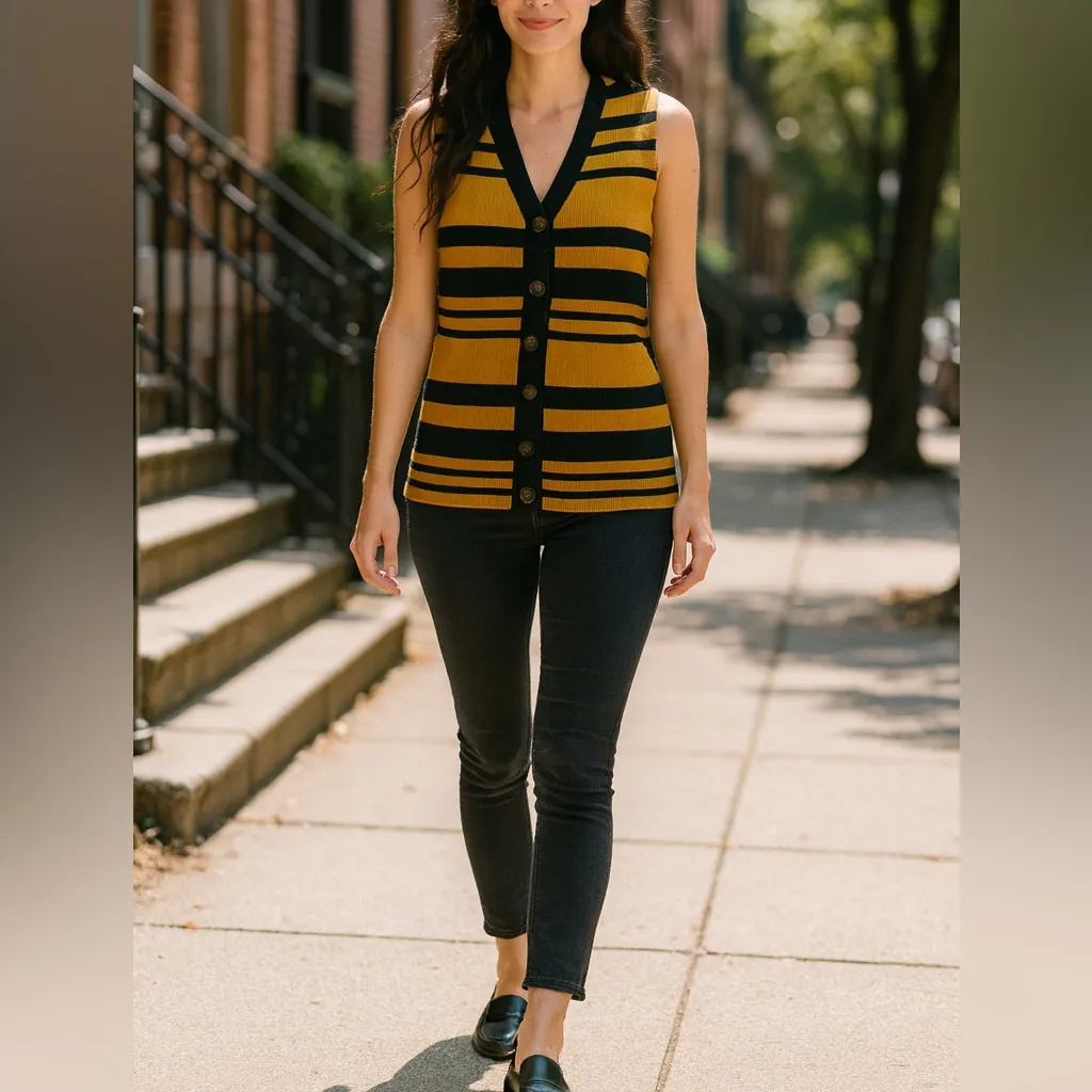 Who What Wear Black/Yellow Striped Sleeveless Button Up Sweater Vest - Image 2