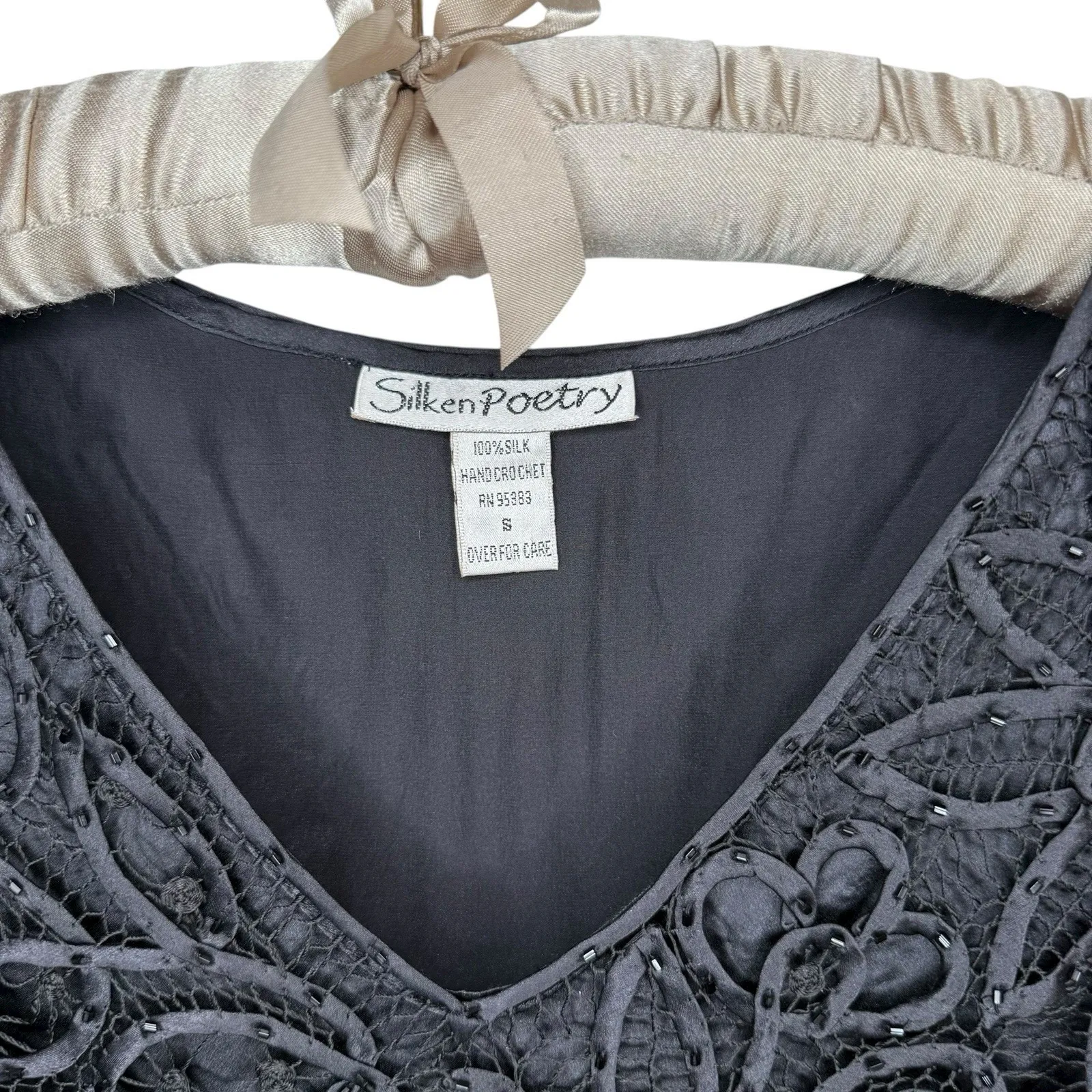 Vintage Silken Poetry S‎ Silk Black Beaded Crochet Lace Top Whimsigoth Fairy - Image 4