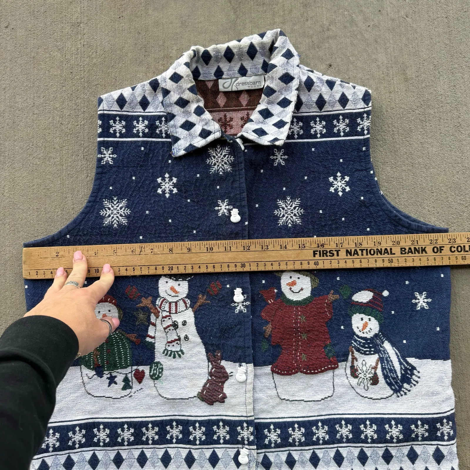 Vintage 90s Dressbarn Tapestry Woven Snowman Snow Rustic Christmas Vest 14/16 Blue - Image 6