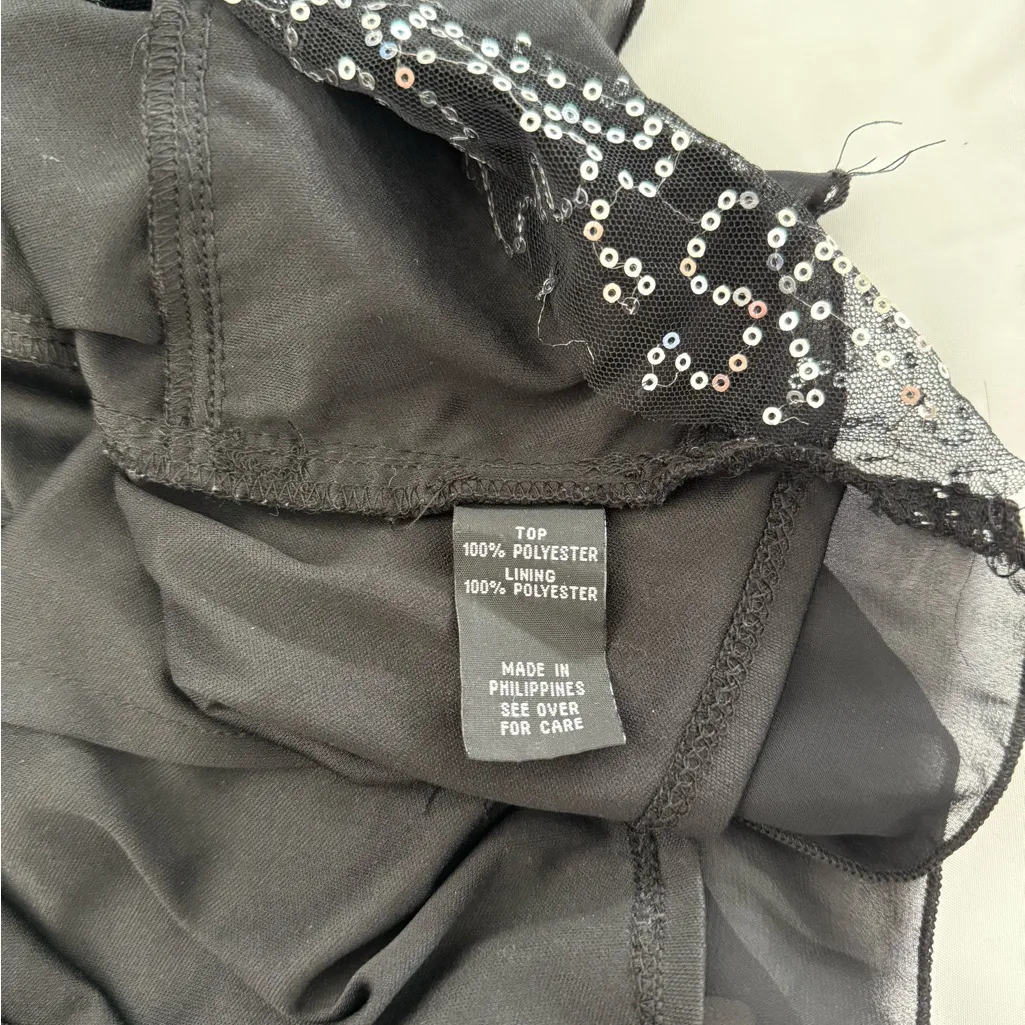 Y2K Vintage Black Ruffle Tank Top Silver Sequin Satin Strap Layered Glam Shirt - Image 4