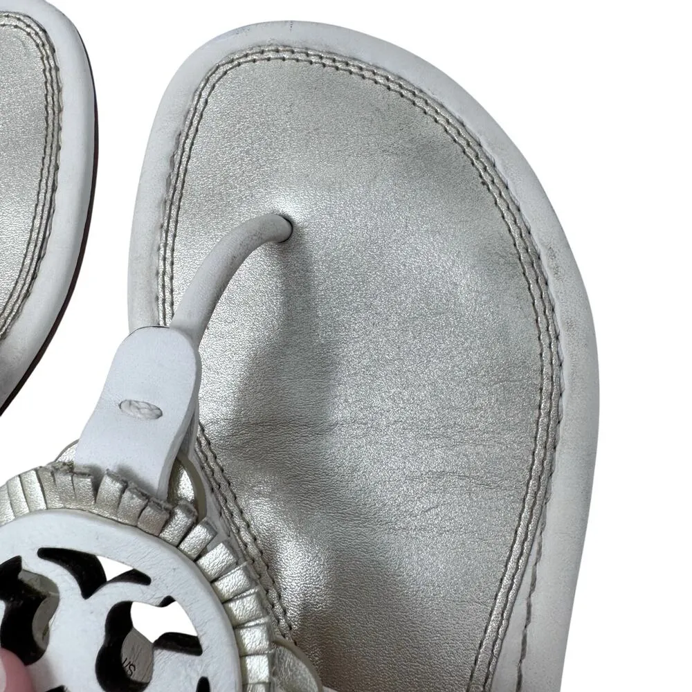 TORY BURCH Metallic Gold Cream Fringe Miller Logo Sandals Flip Flops Size 6.5 - Image 7