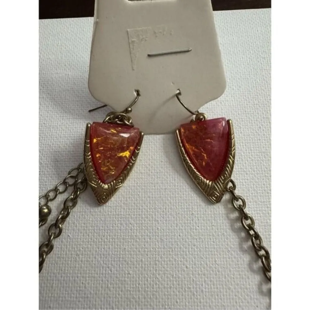 Women's Pink Lava Gold Tone Pointed Drop Statement Necklace‎ & Matching Earrings Pink - Image 3