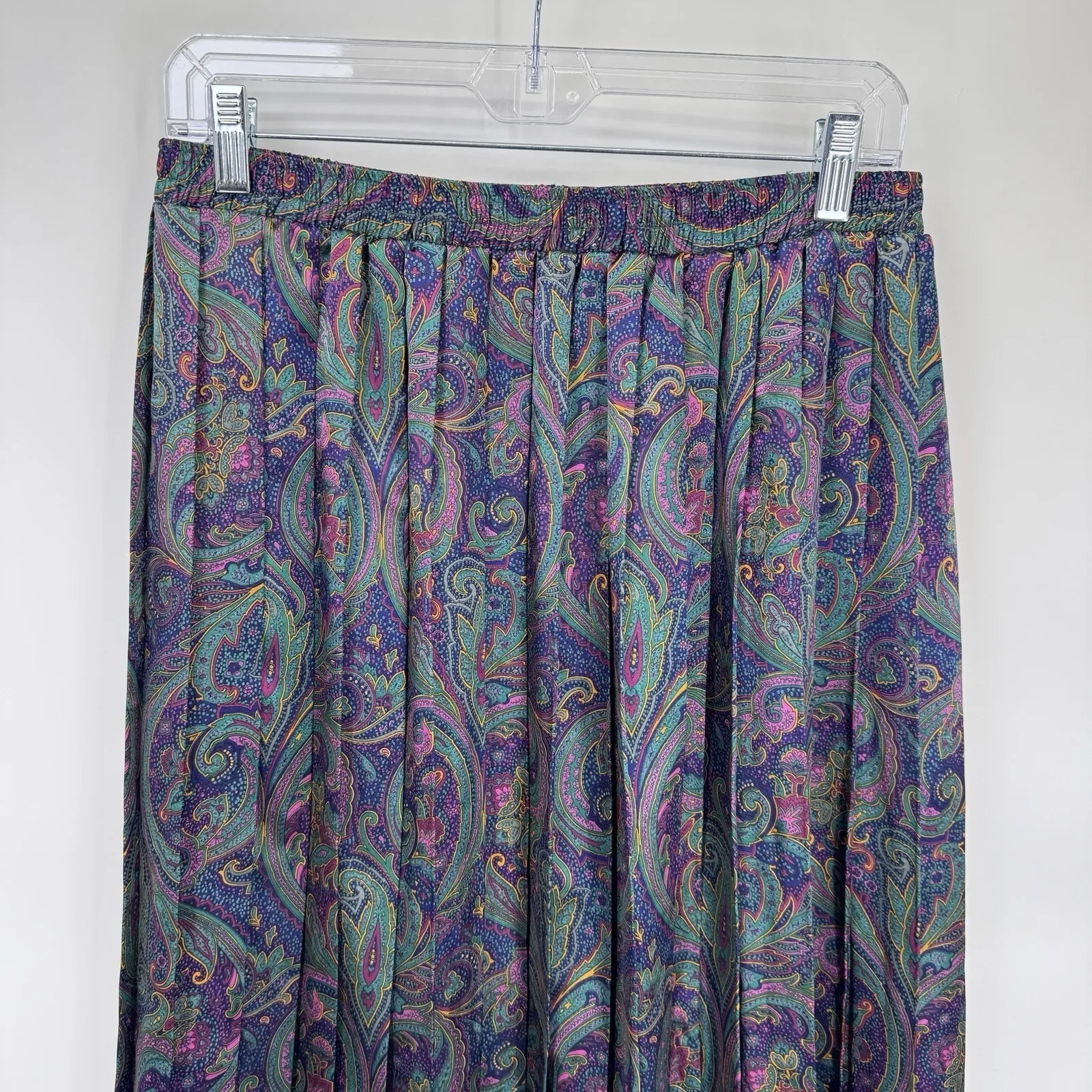 Vintage Russ Pleated Preppy Midi Skirt Womens 14 Purple Paisley Silky Satin - Image 5
