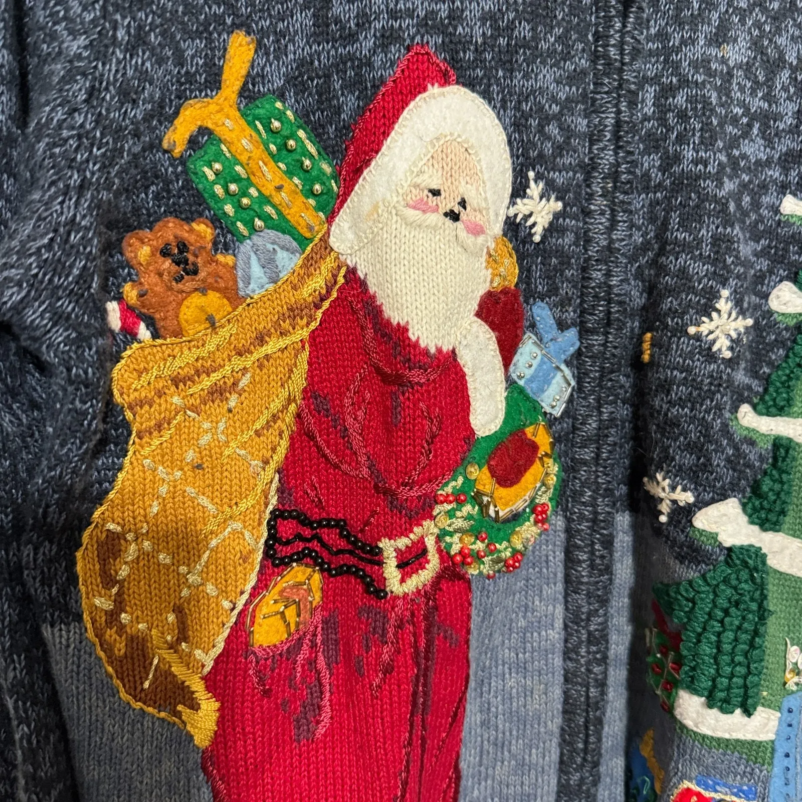 Vtg Heritloom Collectibles Christmas Sweater Blue Cardigan Santa 3D beaded zip S - Image 3