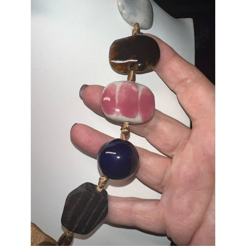 Vintage Large Multi Agate and Gemstone and Wood Beads on Taupe Tie Silk Ribbon Tan - Image 8