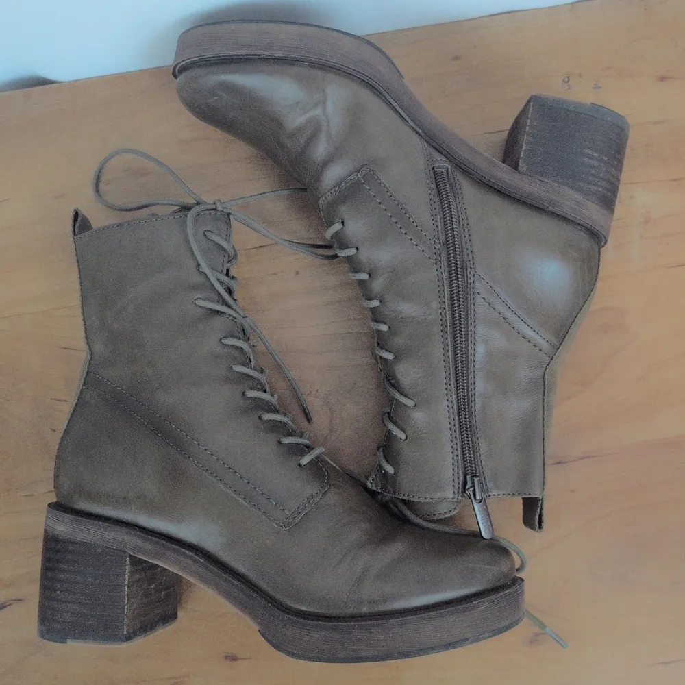 Franco Sarto Patia Lace up Chunky Heeled Olive Leather Boots 7.5M - Image 4