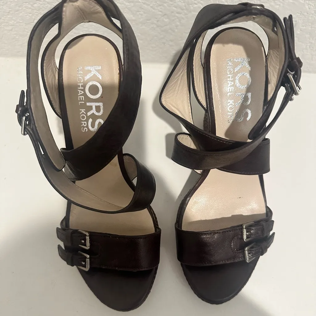 KORS Michael Kors Brown Leather Jute Wedge Sandals Size 8 - Image 3