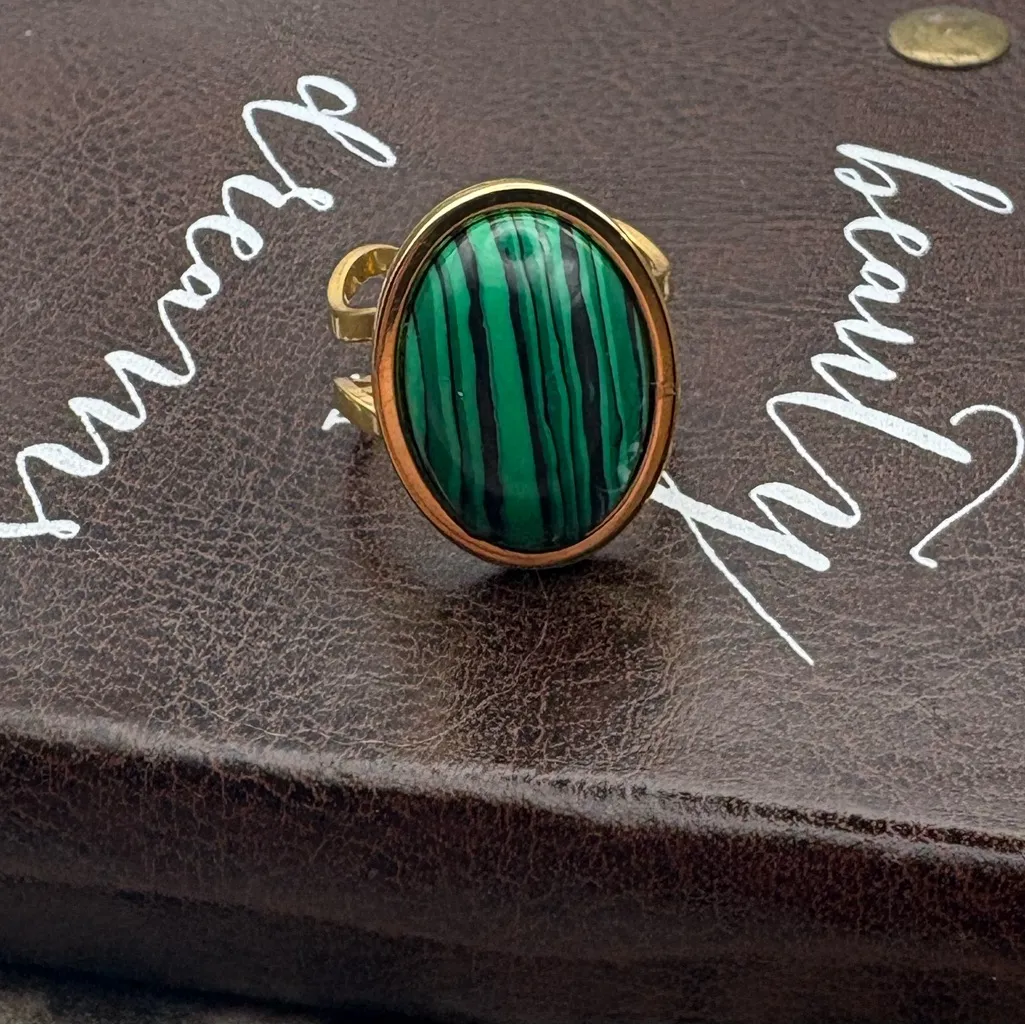 Malachite Gemstone Women’s Ring Adjustable Gold Stainless Handmade - Image 5