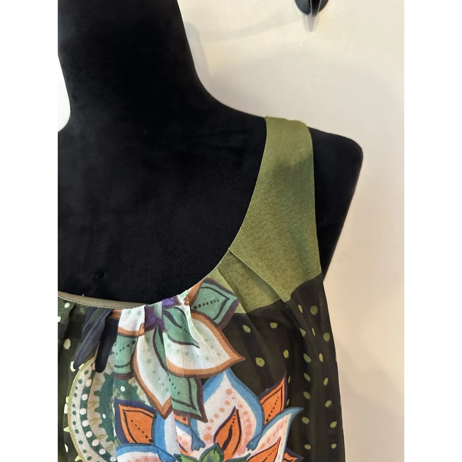 DESIGUAL Layered Tank Dress Sz.8 (40EU) Olive Green Back Floral Front Artsy Boho - Image 3
