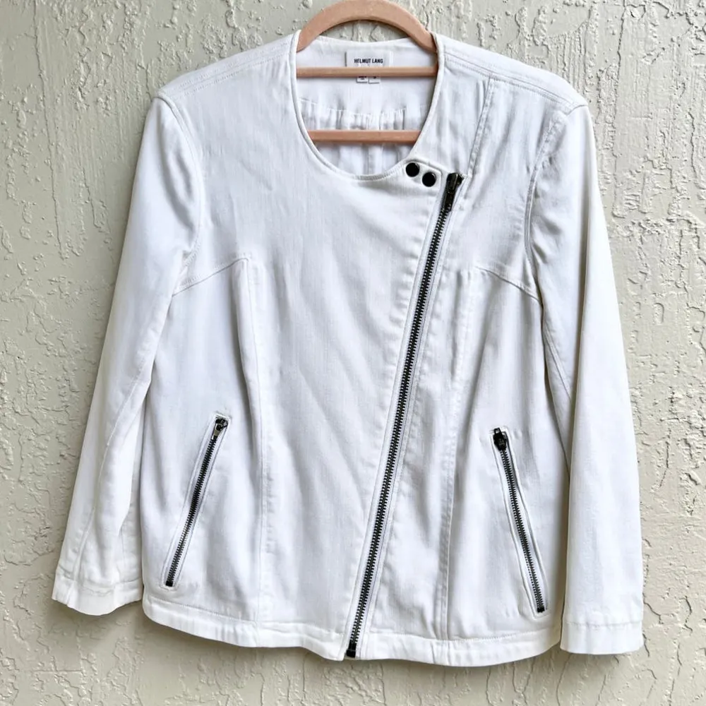 Helmut Lang 3/4 Sleeve Asymmetrical Zip Denim Moto Jacket White Women's Small - Image 2