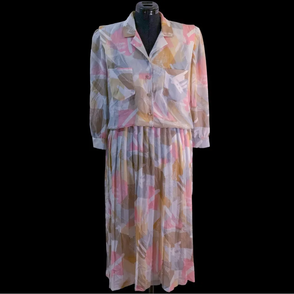 Vintage Leslie Fay White Pink Multicolor Abstract Print Collared Midi Dress - Image 4